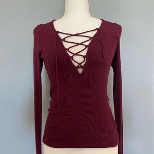 Red Lace Up Blouse